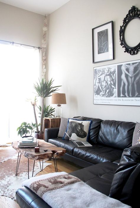 House Tour: A Unique, Antique San Francisco Apartment | Apartment Therapy Accent Chair With Black Leather Couch, Modern Black Couch, Black Leather Sofa Living Room, Black Leather Couch Living Room, Mens Apartment, Lounge Colours, Sala Industrial, Condo Room, Black Sofa Living Room Decor