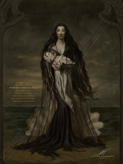 The Birth of Wednesday Addams, Denver Balbaboco on ArtStation at https://www.artstation.com/artwork/5vR3rA Gomez And Morticia, Birth Of Venus, Arte Peculiar, Morticia Addams, Goth Art, Madonna And Child, Jrr Tolkien, Addams Family, Wednesday Addams