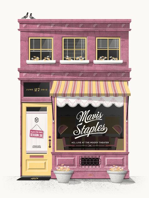 DKNG Studios - concert poster for Mavis Staples Dkng Studios, Mavis Staples, Building Illustration, Casas The Sims 4, Shop Illustration, Shop Fronts, House Illustration, Building Art, Art Et Illustration