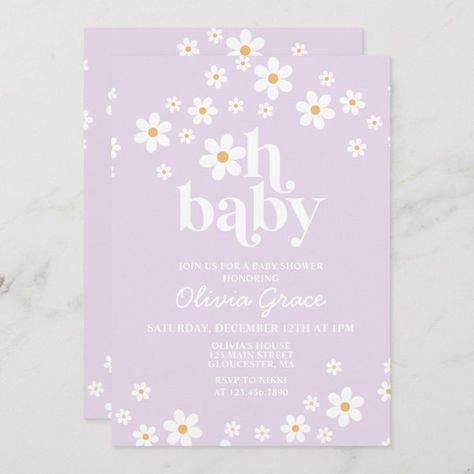 Purple Baby Shower Theme, Lilac Baby Shower, Lavender Baby Shower Invitations, Retro Baby Showers, Lavender Baby Showers, Daisy Baby Shower, Boho Fonts, Pastel Baby Shower, Baby Birthday Invitations