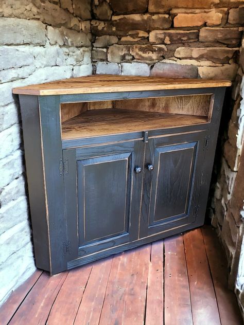 Corner TV Stand Cabinet, Rustic Entertainment Center, Farmhouse Style, Wood Media Storage by ChristianFredricks on Etsy Corner Tv Stand Repurposed, Repurposed Corner Tv Cabinet, Corner Tv Cabinet Ideas, Corner Tv Ideas Mounted Tv, Built In Corner Tv Cabinet, Old Entertainment Center Repurpose, Entertainment Center Farmhouse, Rustic Corner Cabinet, Corner Tv Ideas