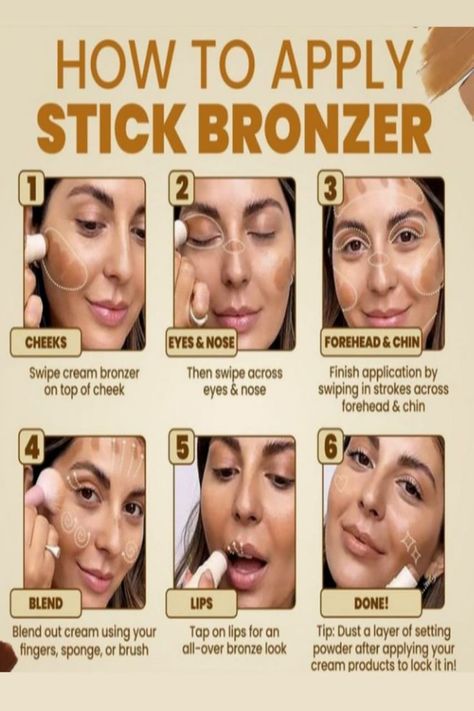 Bronzer Placement Oval Face, How To Apply Bronzer Stick, Bronzer Stick Tutorial, How To Apply Bronzer For Beginners, How To Use Bronzer, Applying Bronzer, Makeup Cheat Sheets, Stick Bronzer, Apply Bronzer