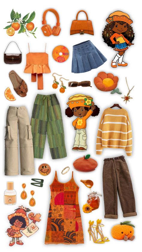 Orange Blossom Inspired Outfit, Orange Themed Outfit, Orange Inspired Outfits, Orange Fruit Outfit, Fruit Themed Outfits, Orange Outfits Aesthetic, Orange Clothes Aesthetic, Orange Green Outfit, Orange Aesthetic Outfits