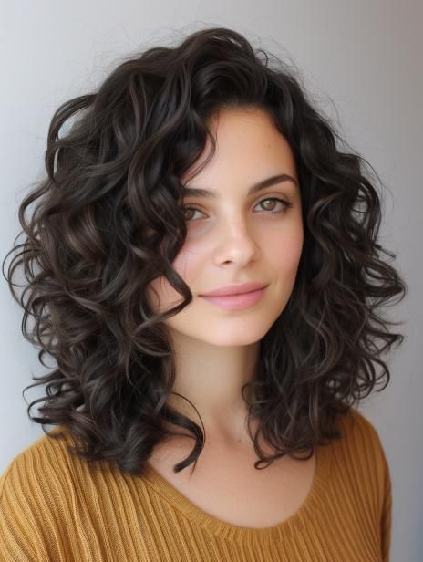 Medium Curly Hairstyles: Trends, Tips, and Styling Ideas for 2024 Balayage, 2b Hair Short Layers, Wavy Curl Medium Length Hair, Dark Brown Mid Length Curly Hair, Haircuts For Curly Hair With Layers, Mid Curly Haircuts For Women, Collarbone Length Hair With Layers Curly, Hairstyle For Oval Face Girl, Chunky Layers Curly Hair