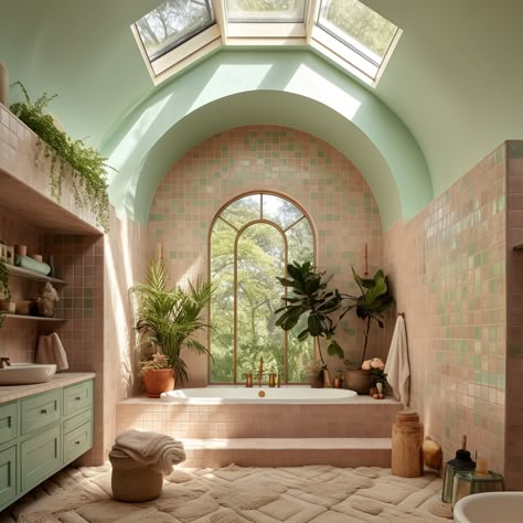 Bathroom And Shower Tile Ideas, Whimsical Bathrooms, Green And Pink Bathroom, Earthy Homes, Drømme Bad, Dreamy Bathrooms, Pretty Architecture, Earthy Decor, Interior Design Per La Casa