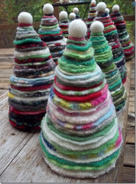 felt trees - another great idea for all of my felted wool scraps!  hmmmm Felted Wool Crafts, Recycled Sweaters, Felt Tree, Felt Christmas Tree, Wool Projects, Wool Crafts, Christmas Makes, Noel Christmas, Felted Wool