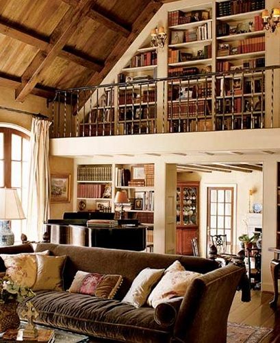 Project: redo library loft in living room with iron banister..add cedar panels in-between beams.. paint the walls cream. love the whole thing! Room Library, Home Libraries, A Living Room, Home Library, Cozy Living Rooms, Reading Nook, Cozy Living, Home Fashion, 인테리어 디자인