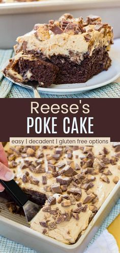 Reeses Poke Cake Easy, Reeses Peanut Butter Poke Cake Recipe, Reese’s Poke Cake Recipe, Reece’s Peanut Butter Cake, Gluten Free Chocolate Peanut Butter Cake, Reese’s Peanut Butter Cup Poke Cake, Reese’s Peanut Butter Poke Cake, Reese Poke Cake, Easy Desserts For A Crowd No Bake