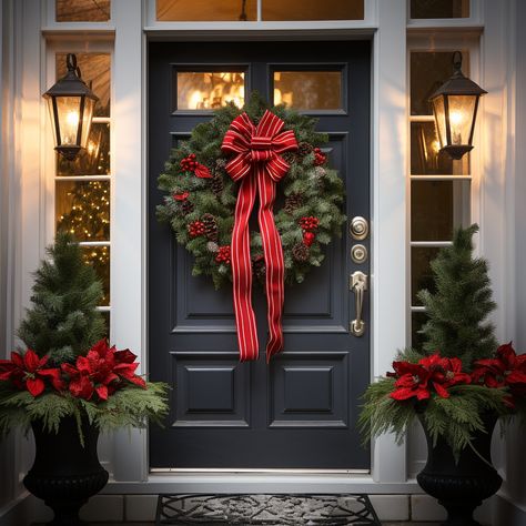 Christmas Main Door Decorations, Front Door With Sidelights Christmas Decor, Door Wreaths Diy Christmas, Christmas Garland Over Front Door, Classy Exterior Christmas Decor, Cape Cod Christmas Decor, Christmas Entrance Decor Porch Ideas, Outdoor Front Door Christmas Decor, Christmas Decor Ideas For Front Door