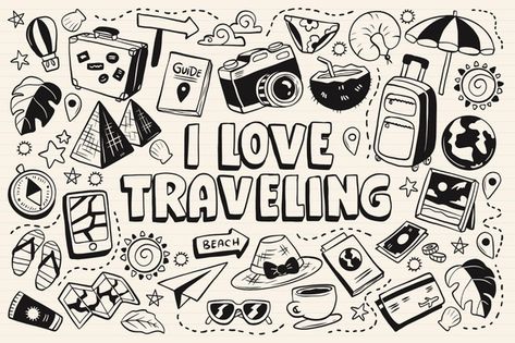 Collection of travel monochromatic doodl... | Free Vector #Freepik #freevector #travel #hand-drawn #doodle #black-and-white Space Travel Illustration, Icon Doodles, Crochet Travel, Travel Doodles, Mirror Drawings, Doodle Wall, Doddle Art, Doodle Background, Doodle Frame