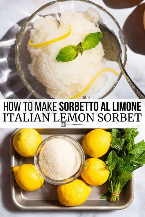 Easy lemon sorbet recipe with no specialty equipment needed! And this vegan, gluten free summer delight takes just 2 ingredients. Recipes With Lemon Zest, Lemon Sorbetto Recipe, Italian Lemon Ice Cream, Lemon Sorbet Cocktail, Homemade Lemon Sorbet, Vegan Lemon Sorbet, Italian Lemon Sorbet, No Churn Sorbet Recipes, Whole Lemon Recipes