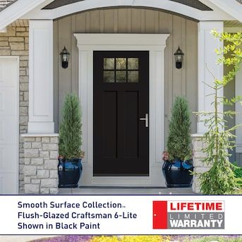 Therma-Tru Shaker 36-in x 80-in x 4-9/16-in Fiberglass Craftsman Right-Hand Inswing Obsidian Painted Prehung Front Door Insulating Core in the Front Doors department at Lowes.com Storm Door Ideas, Front Door Storm Door, Parts Of House, Craftsman Style Front Doors, Craftsman Exterior Door, Craftsman Front Door, Maine Farmhouse, Exterior Door Styles, Front Door With Screen