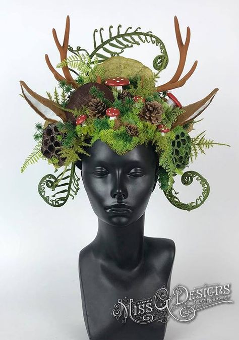 Antler Headdress Headpiece Mother Nature Costume Halloween, Nature Cosplay, Antler Headdress, Garden Gnomes Costume, Faux Antlers, Nature Costume, Mother Nature Costume, Gnome Costume, Cosplay Art