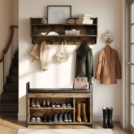 With stylish and rustic appeal,entryway bench with coat rack wall mounted can match perfectly with other furniture in your home.Comfortably sit on this bench to change your shoes and hang your coat on the rack when coming home or going out. No tripping over your shoes or leaving your coat lying around anymore! With thick padded PU leather cushion, the bench doubles as a cozy sturdy seat. Conveniently get bags, coats, scarves, etc at the front door without needing to open the closet. 2 wall-mounted cubbies & the top shelf act as a stage to show off photos, small plants, books, etc Size: One Size.  Color: Brown. Small Entryway Ideas Coat Rack, Shoe And Hat Rack, Wall Behind Front Door Decor, Accordion Coat Rack Entryway, Doorway Coat Rack, Diy Shoe And Coat Rack, Coatracks Entryway Wall, Victorian Hallway Coat Storage, Shoe Rack And Coat Hanger Entryway