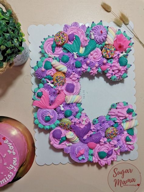 Number 10 Pull Apart Cupcakes, Letter C Cupcake Cake, Letter Cupcake Cake Pull Apart, Mermaid Pull Apart Cupcakes, Mermaid Baby Shower Theme, Pull Apart Cupcake Cake, Pull Apart Cake, Cake Pulls, Cake Lettering