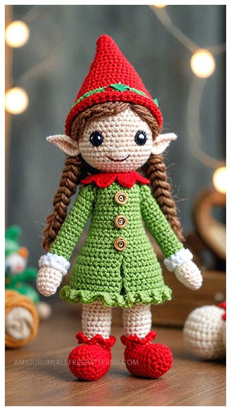 Amigurumi Elf Doll Crochet Free Pattern Crochet Christmas Elf Free Pattern, Disney Crochet Patterns, Christmas Elf Doll, Knitted Doll Patterns, Crochet Doll Tutorial, Christmas Yarn, Crochet Santa, Elf Doll, Christmas Patterns