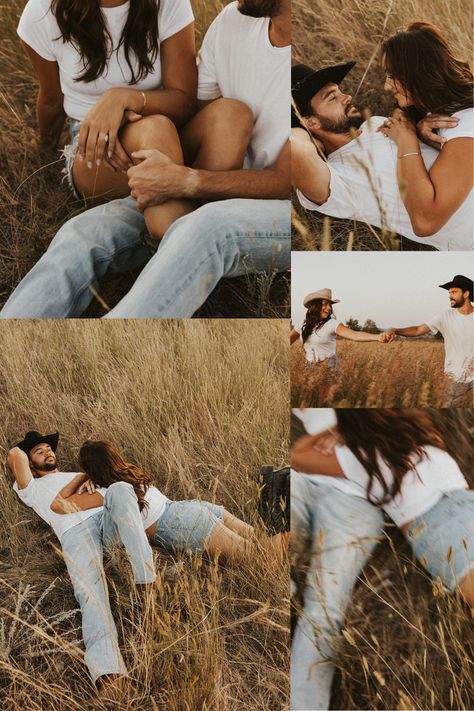 Western Couple Poses Photo Ideas, Dusk Couple Photography, Rustic Western Engagement Photos, Engaged Photoshoot Ideas, Ranch Couples Photos, Western Style Couples Photoshoot, Western Engagement Pics, Cowgirl Boots Engagement Pictures, Vintage Western Couple Photoshoot