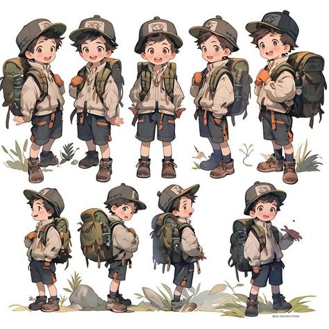 Gimi Totori | Freepik Explorer Illustration Character, Adventure Outfit Exploring, Explorer Character Design, Team Building Activities For Kids, Building Activities For Kids, Character Perspective, Boy Character Design, Sheet Art, Chibi Boy