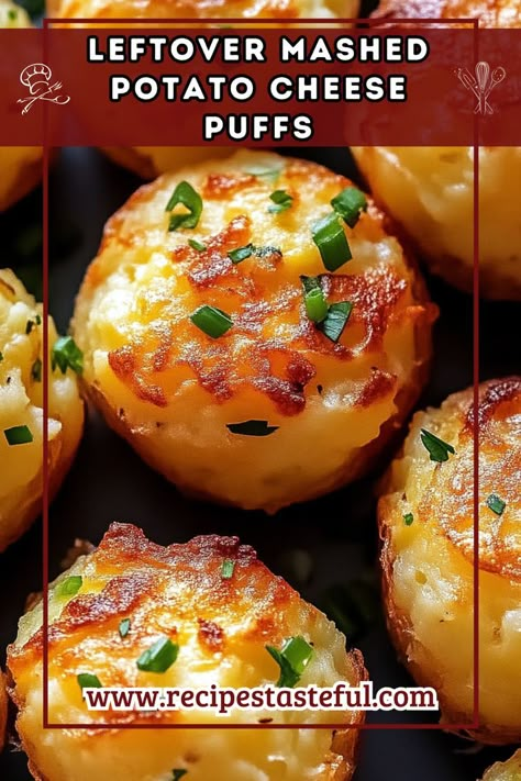 Transform your leftover mashed potatoes into delicious, cheesy puffs! These easy-to-make snacks are crispy on the outside and creamy on the inside, perfect for any occasion as a tasty appetizer or side dish. Potatoe Puff Recipes, Garlic Chive Mashed Potato Puffs, Mashed Potatoes Cakes Leftover, Cheesy Mash Potato Puffs, Mash Potato Leftovers Ideas, Recipes That Use Mashed Potatoes, Leftover Cheesy Potatoes, Leftover Mashed Potatoes Cheese Puffs, Cheese Mashed Potato Puffs