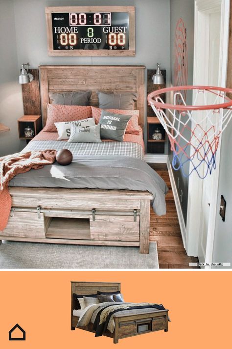 Turn your child's room into the perfect reflection of what they love. We think this room is a slam dunk! Basketball Themed Bedroom, Basketball Room Decor, Boy Sports Bedroom, Basketball Bedroom, Basketball Room, Sport Bedroom, Boy Rooms, Big Boy Bedrooms, Furniture Website