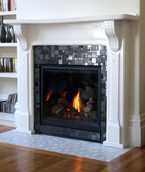 Glass mosaic fireplace tile ideas #fireplace #fireplacedesign #tile #fireplacetile #decorhomeideas Glass Tile Fireplace, Mosaic Tile Fireplace, Contemporary Fireplace Decor, Fireplace Tile Ideas, Contemporary Gas Fireplace, Mosaic Fireplace, Contemporary Fireplace Designs, Fireplace Pictures, Tile Fireplace