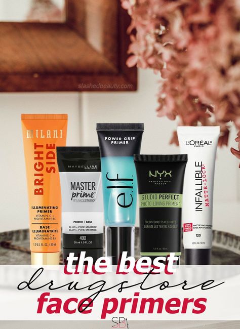 Find the best drugstore makeup primers for your makeup goals and skin type. | The Best Drugstore Primers for Every Makeup Goal & Skin Type | Slashed Beauty Face Primer For Dry Skin, Primer For Combination Skin, Best Drugstore Primer, Drugstore Primer, Best Face Primer, Primer For Dry Skin, Color Correcting Primer, Smashbox Photo Finish Primer, Matte Primer