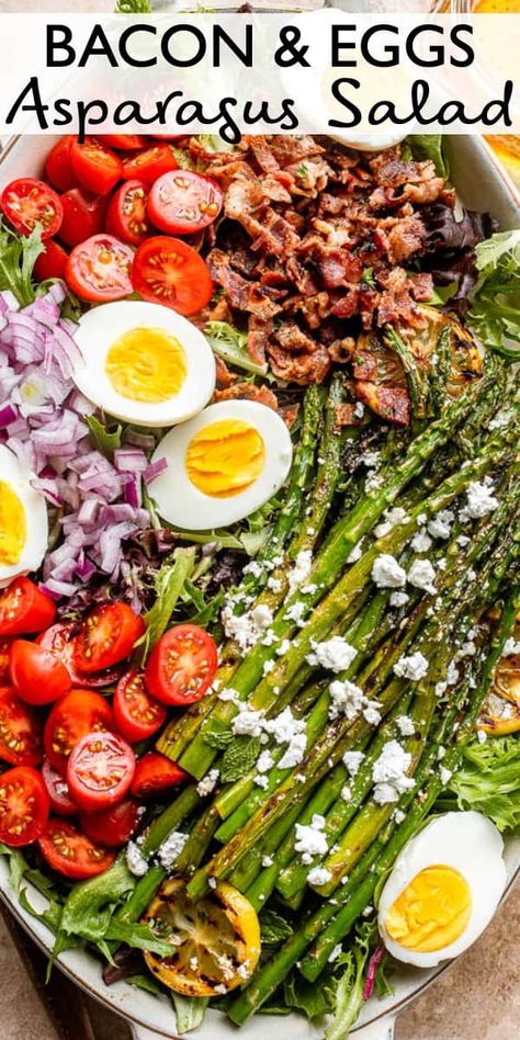 Bacon and Eggs and Asparagus Salad - A delicious combination of a simple salad with asparagus, hard boiled eggs and bacon, tossed with a Dijon vinaigrette. Eggs And Asparagus, Asparagus Egg, Weekly Menu Plan, Eggs And Bacon, Asparagus Bacon, Dijon Vinaigrette, Easy Bacon, Bacon And Eggs, Bacon Eggs