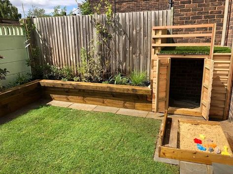 Sand Pit Ideas Play Areas Outdoor Spaces, Childs Play Area In Garden, Small Garden Kids Ideas, Small Yard Play Area, Small Kids Garden, Small Family Garden Ideas, Small Garden Kids Play Area, Kids Climbing Frame Ideas, Kids Area In Garden