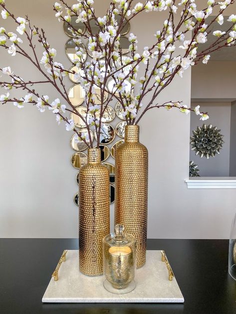 Inspire Me! Home Decor - Interior Design & Home Decor By Farah Merhi | White vase decor, Gold living room decor, Floor vase decor Gold Vase Decor, White Vase Decor, Tall Vase Decor, Floor Vase Decor, Gold Living Room Decor, Glam House, Events Decor, Gold Living Room, Amazon Decor