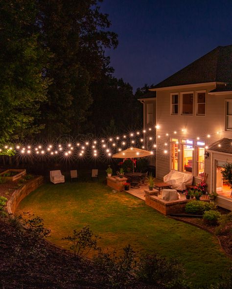 Patio With Lights, Bistro Lights Backyard, Backyard Cafe, Backyard String Lights, Patio String Lights, Backyard Lighting, Cafe Lights, Backyard Inspiration, Outdoor Patio Lights