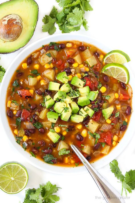 Southwest Black Bean Soup (Easy!) (Easy!) - The Garden Grazer Soup With Black Beans, Southwest Soup, Vegan Black Bean Recipes, Southwestern Soup, Vegan Weeknight Meals, Garden Grazer, Vegetable Soups, Vegan Ground Beef, Black Bean Soup Recipe