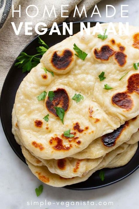 Vegan Naan Recipe- Easy to make at home, Indian style naan bread bakes up soft, fluffy and delicious! Perfect for snacking, soaking up soups and stews, or using as a base for mini pizzas and wraps! Vegan Naan Recipe, Pane Naan, Indian Bread Recipes, Vegan Naan, Homemade Naan, Homemade Naan Bread, Recipes With Naan Bread, Vegan Indian Recipes, Naan Pizza