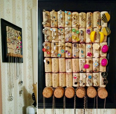 Champagne Cork Storage, Wine Cork Jewelry Holder, Wine Cork Collection Display, Wine Cork Earring Holder, Necklace Display Using Cork Board, Cork Necklace Holder, Jewelry Storage Diy, Jewelry Organizer Wall, Wine Cork Art