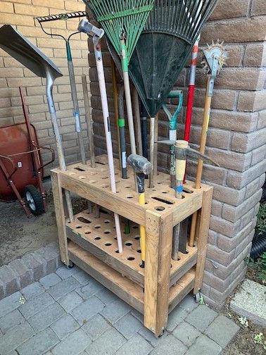 Build your own Garden Tool Rack!. January 2009 | by Christopher Lott | Medium Wood Shed Organization, Shovel And Rake Storage Ideas, Garden Tool Storage Diy Wood Pallets, Pallet Garden Tool Holder, Garden Tool Caddy, Pallet Yard Tool Organizer, Pallet For Garden Tools, Rake Organizer Garden Tools, Build Your Own Garden