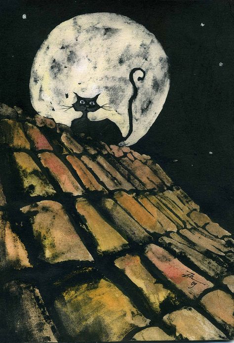 https://www.flickr.com/photos/mundos_oniricos/ https://plus.google.com/112654353054645508443/posts Black Cat Art, A Black Cat, Arte Inspo, Drawing Tutorials, Art Tutorial, Moon Art, Funky Art, Halloween Art, Crazy Cats