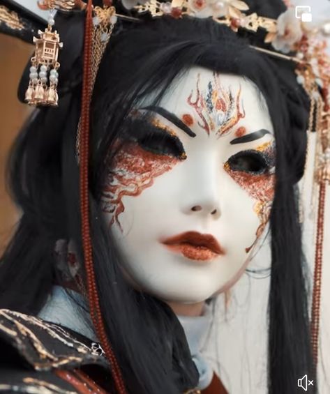 Mask Design Japanese, Doll Mask Costume, Porcelain Mask Aesthetic, Chinese Demon Mask, Chinese Mask Traditional, Costume Mask Ideas, Simple Mask Design, Oni Makeup, Maskerad Mask