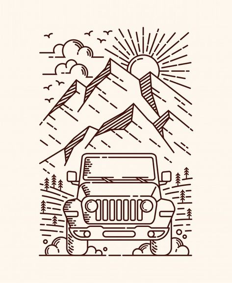 Adventure by car line illustration | Premium Vector #Freepik #vector #vintage #car #travel #wood Mountain Doodle, Travel Wood, Travel Drawing, Bear Tattoo, Abstract Geometric Art, Outline Art, Mini Drawings, Line Illustration, Logo Illustration