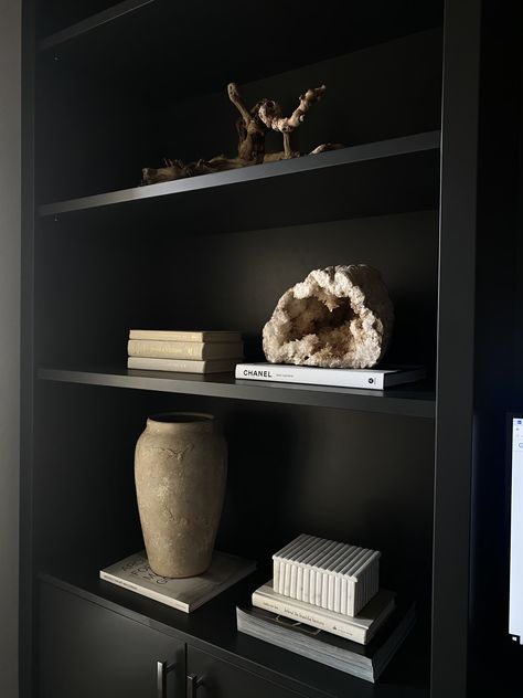 Men Bookshelf Decor, Classy Shelf Decor, Monochromatic Shelf Styling, Black Shelf Styling, Shelf Decor Living Room Modern, Black Shelf Decor, Restoration Hardware Decor, Restoration Hardware Shelves, Modern Wabi Sabi Interiors