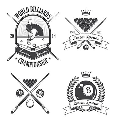 Set of billiards emblems labels and logo. Pool vector by IvanMogilevchik on VectorStock® Billiards Pool Tattoos, Pool Cue Tattoo, Snooker Tattoo, Billiard Tattoo, Billiards Tattoo, Pool Logos, Pool Hall Ideas, Billards Art, Pool Tattoo