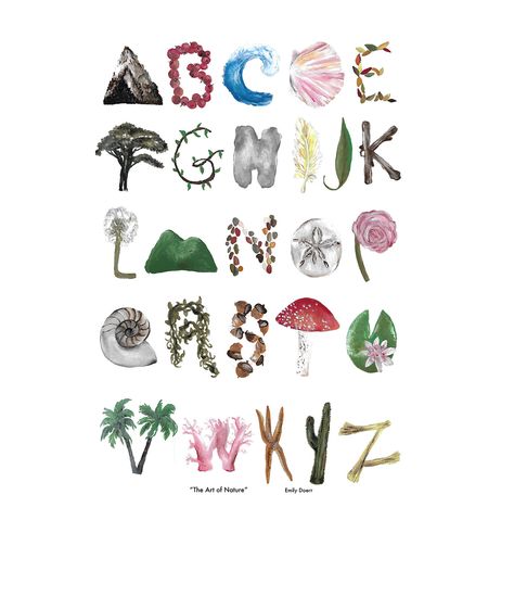 "Art of Nature Painted Typeface" by Emily Doerr. Creative Typeface Design, Nature Fonts Alphabet, Nature Typeface, Nature Alphabet Letters, Creative Alphabet Letters, Natural Fonts, Nature Fonts, Nature Lettering, Free Vintage Fonts