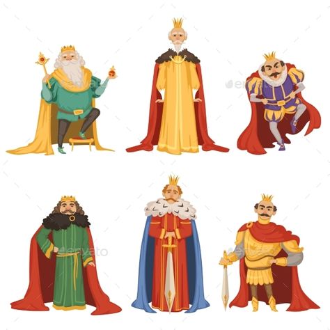 Cartoon characters of big king in different poses. Collection of king character, medieval person lord and monarch with crown. Vector illustration King Character Design, King Character, King Cartoon, King And Queen Crowns, King Drawing, Big King, King Outfit, Girl Background, Different Poses