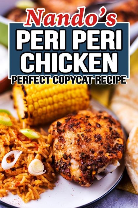 Why not make your favorite Nando's Chicken at home? This easy Peri Peri Chicken recipe has all the flavor you know and love from Nando's but much cheaper - the marinade is amazing. It's simple to make and cooks in 40 minutes, and you can even cook it on the BBQ too. Spice up your meals times with this flaming hot Nando's Chicken Recipe! Serve with rice and corn for an authentic Portuguese Nandos experience! Nandos Chicken Recipe, Piri Piri Chicken Recipe, Nandos Peri Peri Chicken, Peri Chicken Recipe, Peri Peri Chicken Recipe, Nando's Chicken, Rice And Corn, Peri Peri Sauce, Peri Chicken