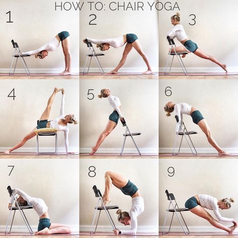 Tutorial Tuesday: Chair Yoga Some of you asked me how to do yoga posture using chair. Here are some of my favourite ways to use this great prop! 1. Downward facing dog 2. Pyramid pose 3. Pigeon pose 4. Side plank pose 5. Standing back bend 6. Upward plank pose 7. Hero pose 8. Scorpion forearm balance 9. Forward fold Summer outfit @aloyoga #aloyoga #yogalife #yogagirl #yoga #yogini #tutorial #chairyoga #howto #sponsoredathlete Yoga Foto's, Yoga Chair, Photo Yoga, Yoga Ashtanga, Ashtanga Vinyasa Yoga, Bedtime Yoga, Body Transformations, Yoga Beginners, Yoga For Back Pain