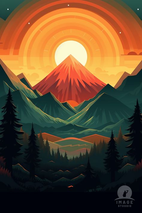 Majestic sunset over the mountains in this amazing, retro-style digital illustration 🌄 #sunset #sunrise #nature #majestic #sun #mountains #forest #retroart #digitalillustration #adventure #retrostyle #amazingart Sunrise Art Illustration, Mountain Sunset Illustration, Mountains Illustration Art, Sun Rise Illustration, Sunset Forest Painting, Cafe Marketing, Sun Mural, Sunrise Illustration, Music Portfolio