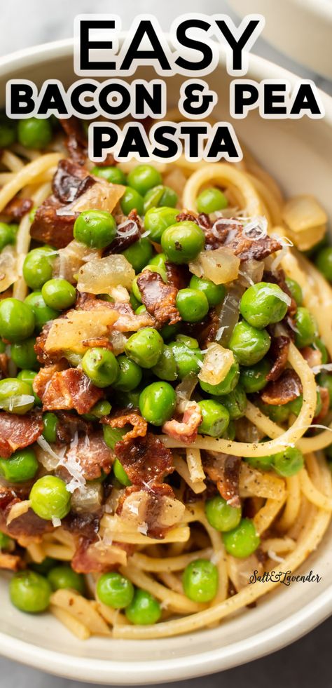 Peas Bacon Pasta, Pasta Dish With Bacon, Noodles And Bacon Recipes, Bacon And Peas Pasta, Pea Bacon Pasta, What To Make With Bacon Dinners, Bacon Peas Pasta Recipes, Pasta And Bacon Recipes Easy Dinners, Pasta Peas And Bacon