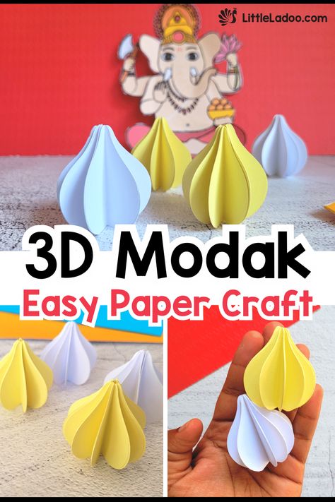 3D Paper Modak Craft Montessori, Ganesha Modak Craft, Ganesh Chaturthi School Decoration, How To Make Modak With Paper, Ganesha Craft For Preschoolers, Ganesh Chaturthi Chart Ideas, Ganesha Modak Drawing, Ganesh Chaturthi Board Decoration Ideas, Ganesh Chaturthi Craft Ideas