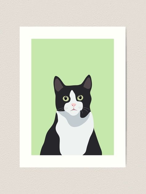 "Cute Black and White Tuxedo Cat Portrait Digital Art" Art Print for Sale by JLDxArt | Redbubble Black And White Cat Portrait, Black And White Cat Painting Acrylic, Tuxedo Cat Illustration, Cat Painting Simple, Tuxedo Cat Wallpaper, Cat Black And White Drawing, Black And White Cat Illustration, Black And White Cat Painting, Simple Cat Painting