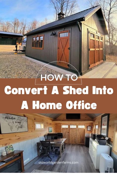 Two images including one with the interior of a shed converted into a home office, and the other is the exterior of the shed converted into a home office. From oldworldgardenfarms.com. Shed Home Office Ideas, Office Sheds Backyard, Outdoor Office Shed, Shed Office Ideas, Home Office Shed, Office Outside, She Shed Office, Converted Shed, Backyard Office Shed