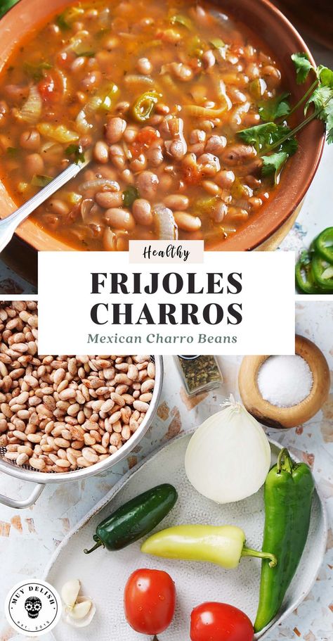 Frijoles Charros are easy to make and are absolutely delicious beans. This is a HEALTHY recipe for Mexican Charro Beans with onion, peppers, tomato and cilantro. So much flavor!🌶️🍅🌿 Crockpot Frijoles Charros, Beans A La Charra Recipe, Homemade Charro Beans, Easy Frijoles Charros Recipe, Ranchero Beans Mexican, Authentic Charro Beans Mexican, Charro Beans Stovetop, Frijoles Charros Recipe Mexico, Charo Beans Recipe