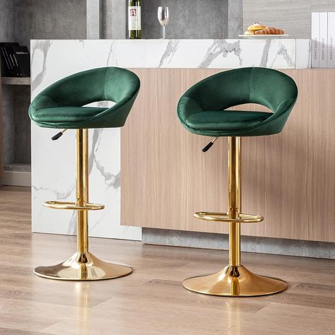 Wahson Set of 2 Bar Stools Velvet Counter Chairs with Backrest Breakfast Bar Stools for Kitchen Island, Swivel Bar Chairs High Stools Height Adjustable, Green Kitchen Breakfast Bar Stools, Velvet Bar Stools, Island Stools, Ideal Kitchen, Breakfast Bar Stools, Comfortable Kitchen, Stools For Kitchen Island, Stool Height, Bar Stool Chairs